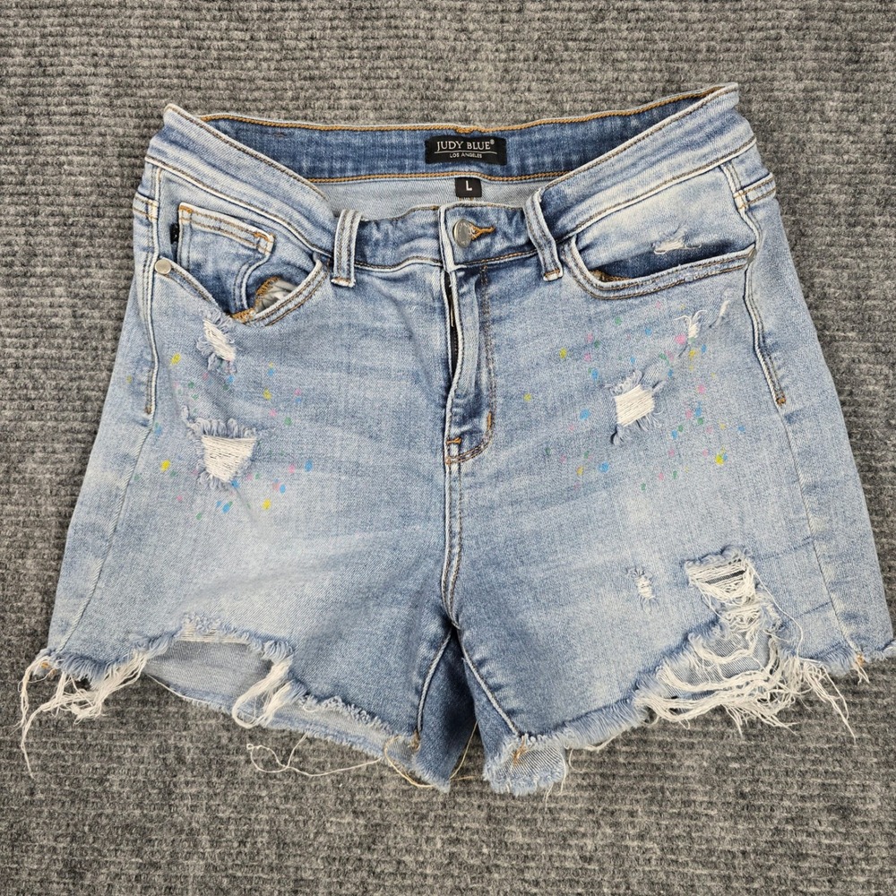 Judy Blue Paint Splatter Distressed Denim Shorts Light Wash Frayed Hem Large